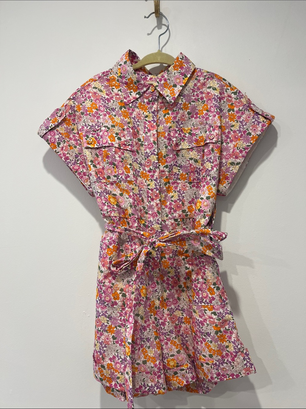 Floral Pink & Orange Belted romper for Kids